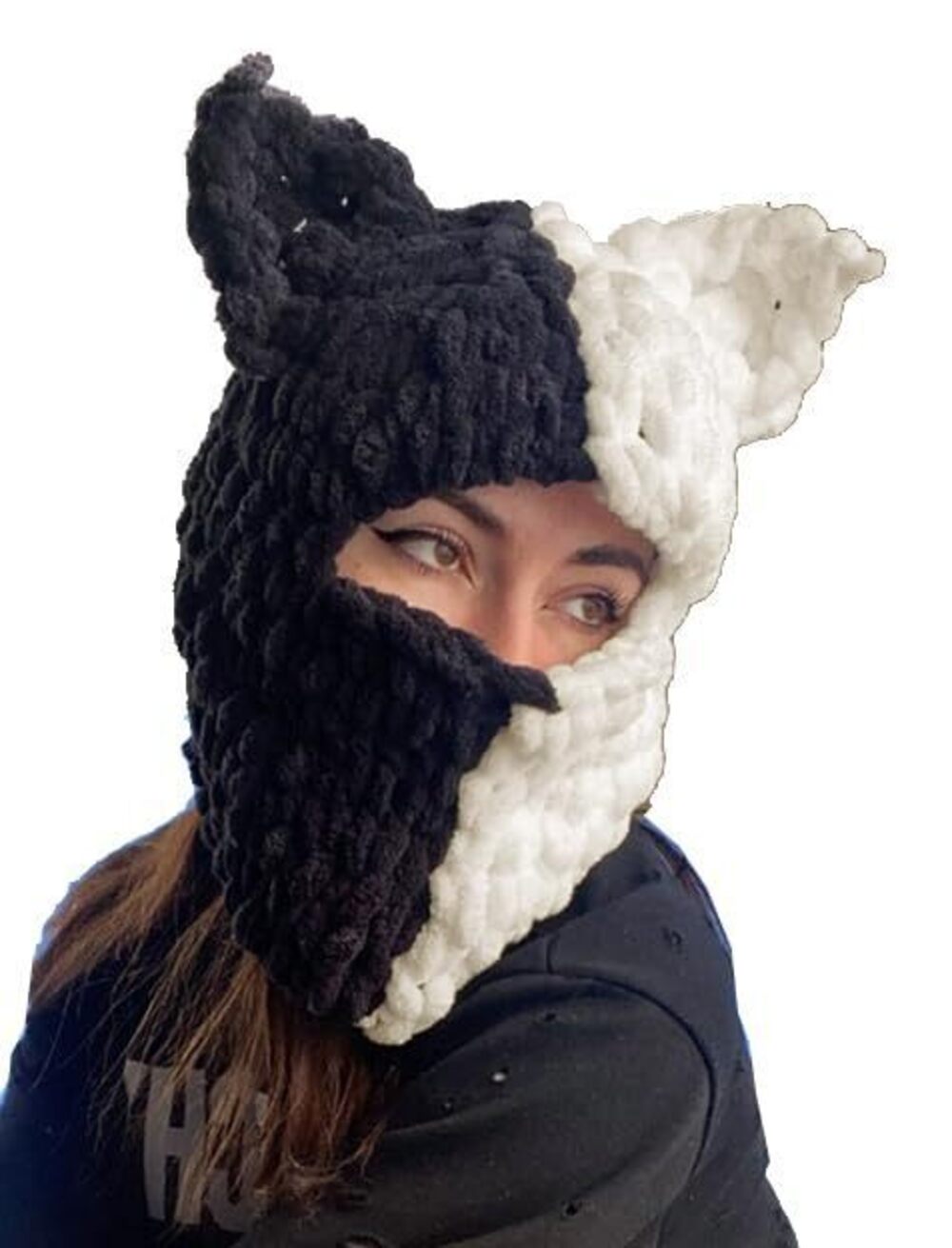 6109 Y2k Knit Balaclava Face Mask Bunny Ear Horn Ski Scarf Winter Warm Hat